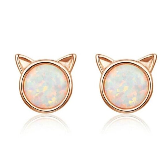 925 Sterling Silver Rose Gold Opal Kitty Cat Stud Earrings - Picture 1 of 5